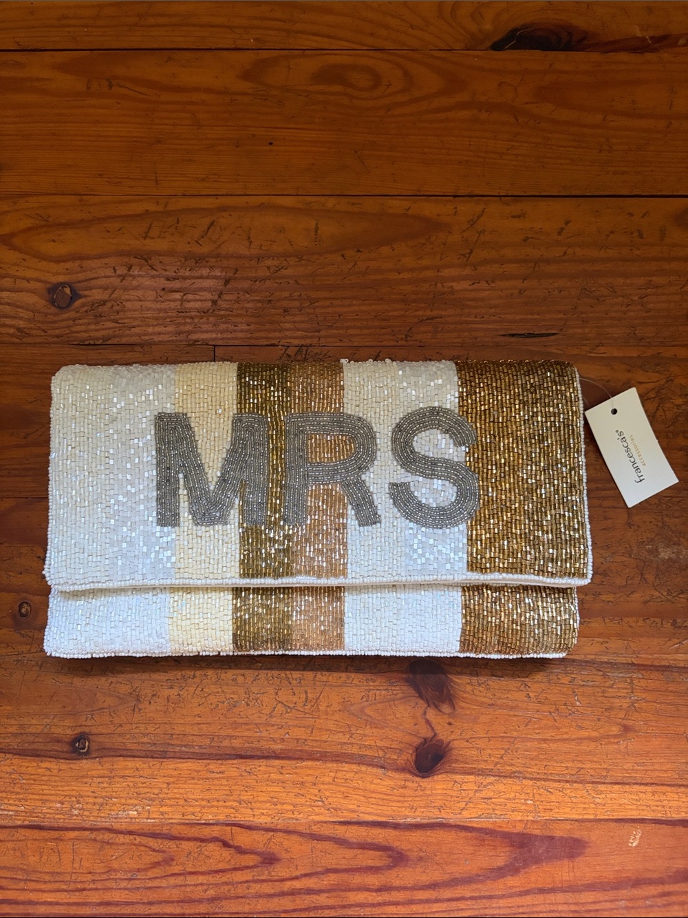 Francesca's Collections Beaded 'MRS' Foldover Clutch in White & Gold